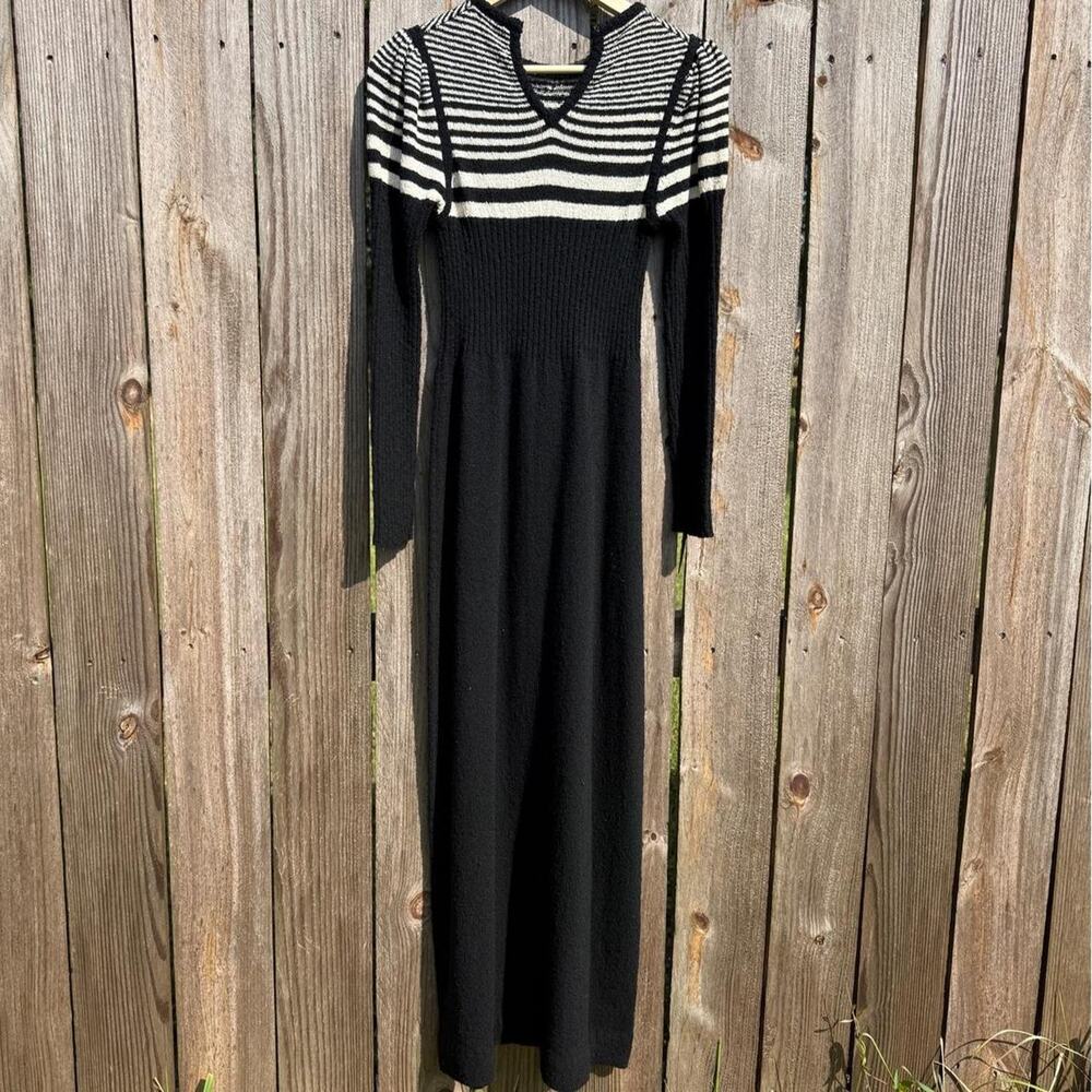 Vintage Roncelli 70s Wool Knit Striped Maxi Full Length Dress Black White Size M